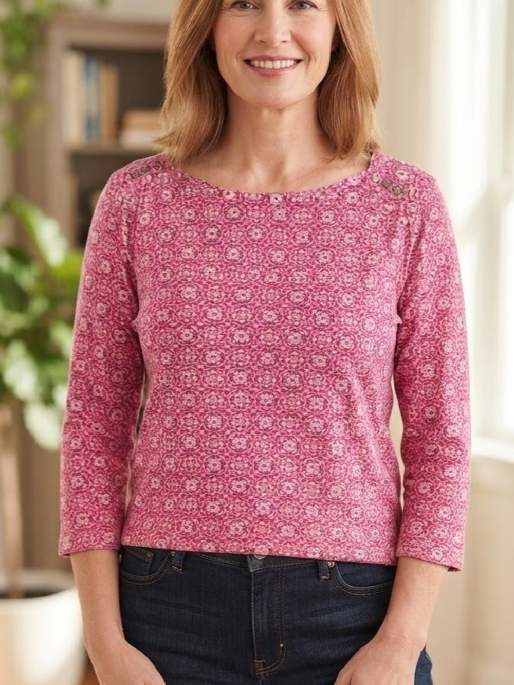 croft & barrow Pink Patterned Boatneck Long Sleeve Top